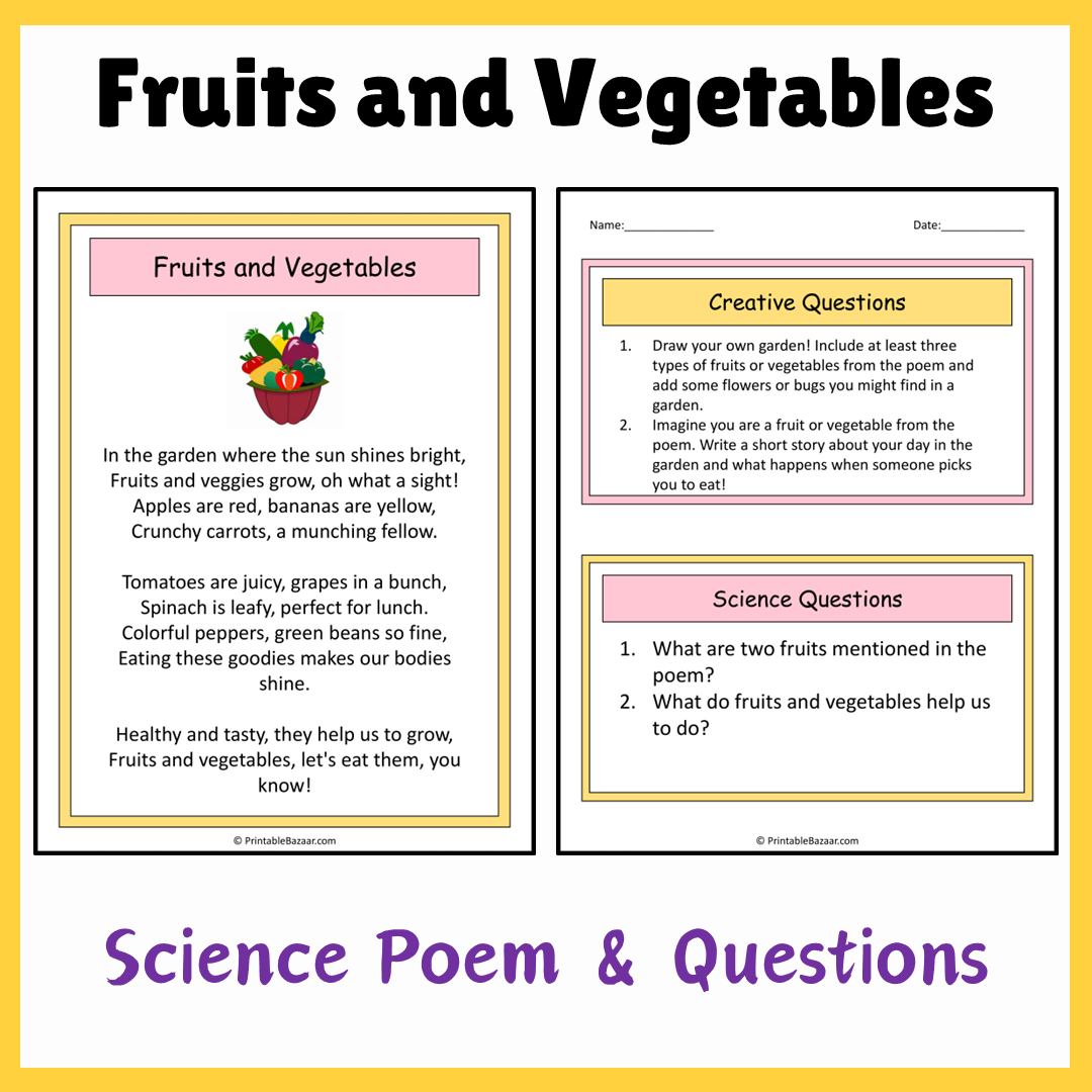 Fruits and Vegetables | Science Poem Reading Comprehension Activity