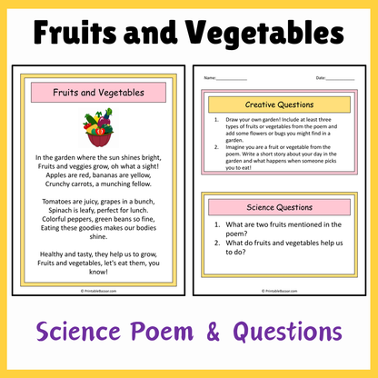 Fruits and Vegetables | Science Poem Reading Comprehension Activity