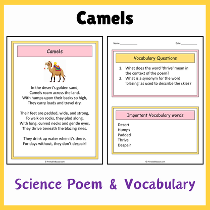 Camels | Science Poem Reading Comprehension Activity