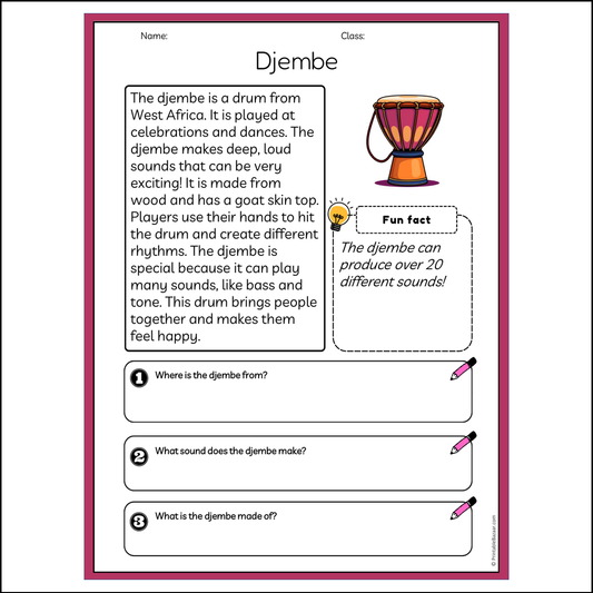 Djembe | Reading Passage Comprehension Questions Writing Facts Worksheet