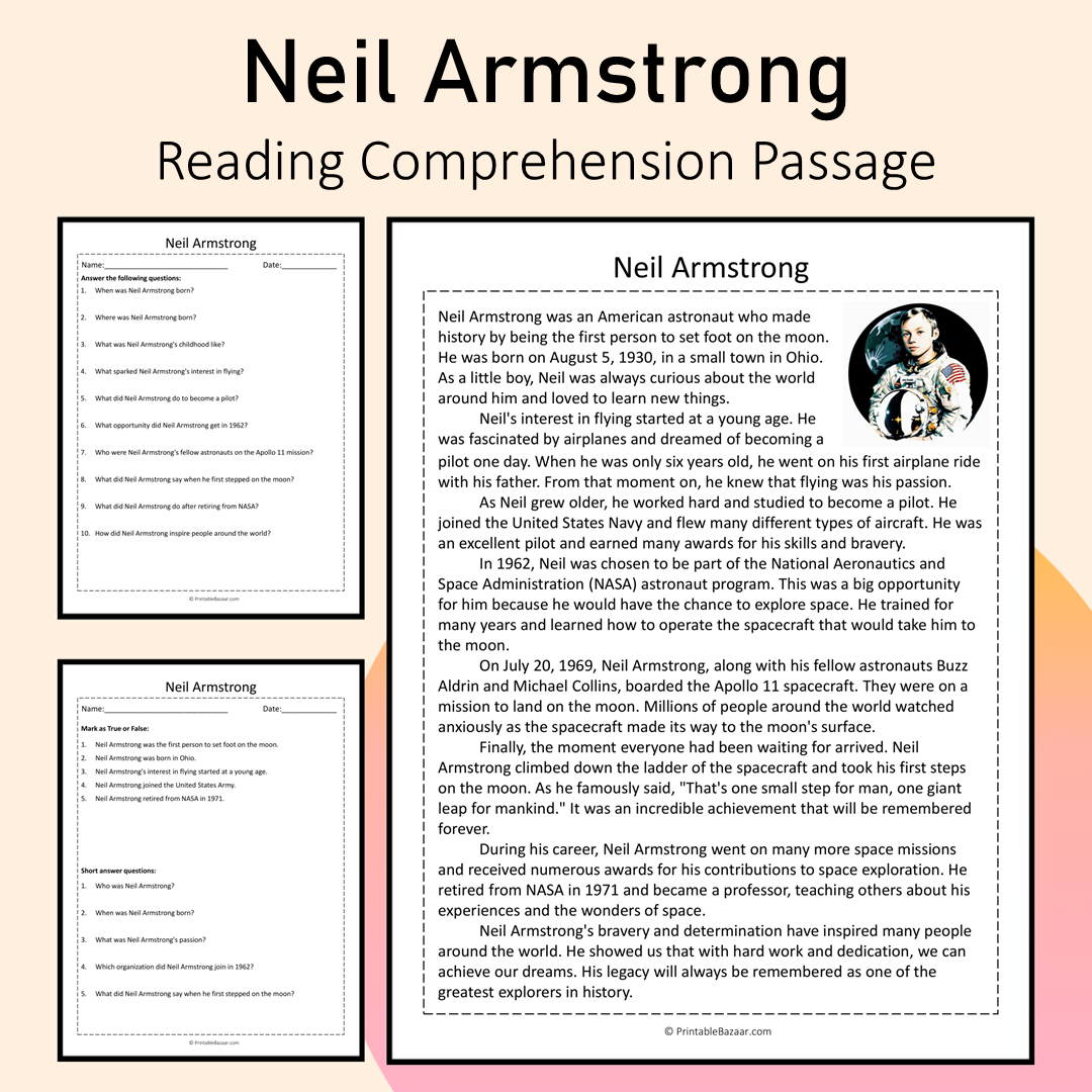 Neil Armstrong | Reading Comprehension Passage Printable Activity