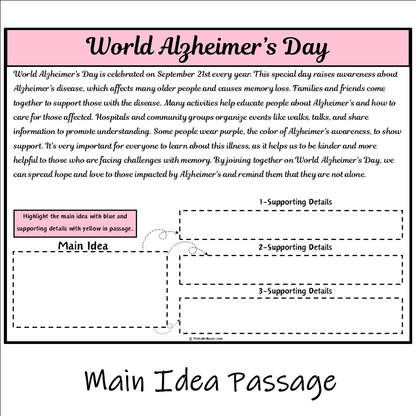 World Alzheimer’s Day | Main Idea and Supporting Details Reading Passage and Questions