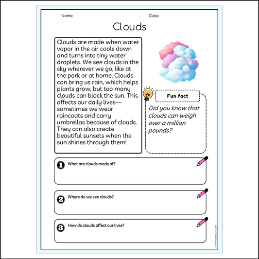 Clouds | Reading Passage Comprehension Questions Writing Facts Worksheet