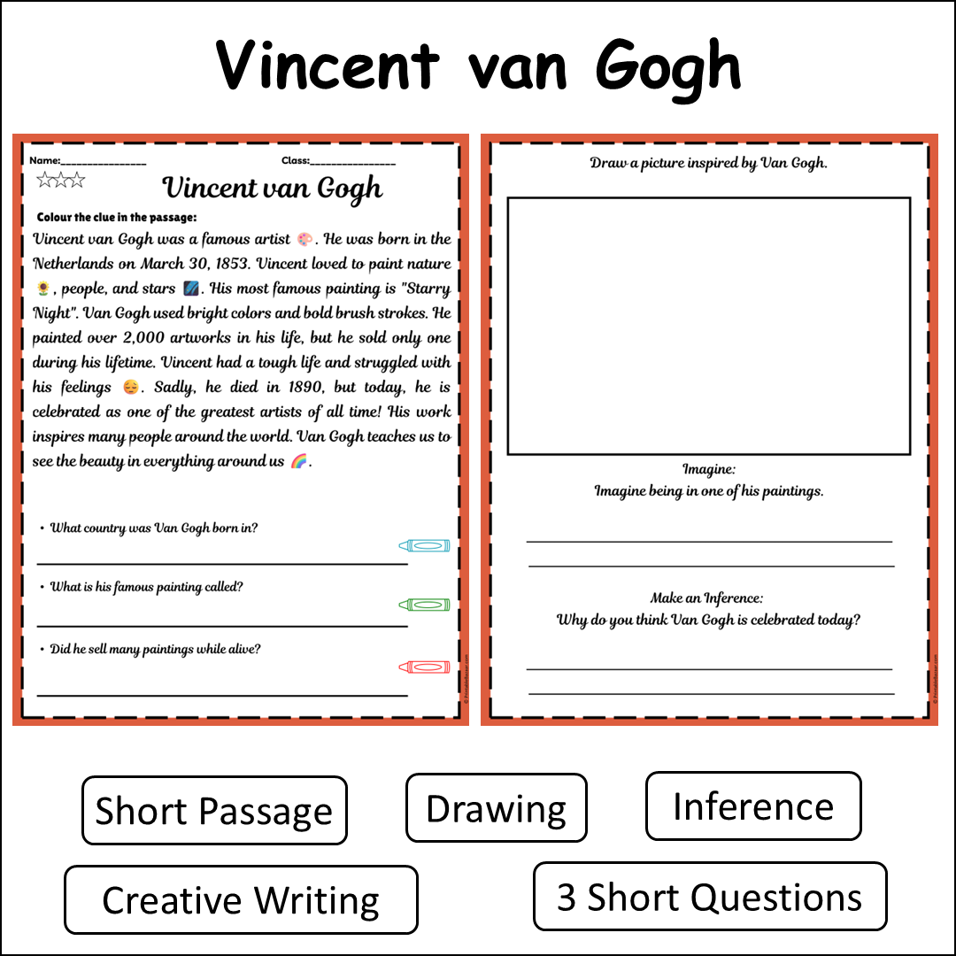 Vincent van Gogh | Short Reading Comprehension Creative Worksheet