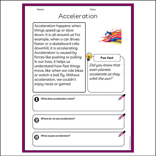 Acceleration | Reading Passage Comprehension Questions Writing Facts Worksheet