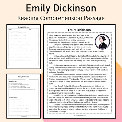 Emily Dickinson | Reading Comprehension Passage Printable Activity