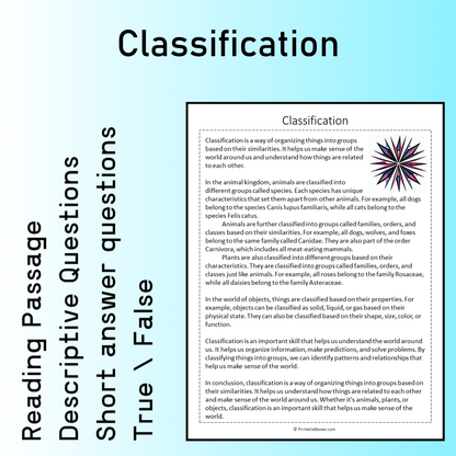 Classification | Reading Comprehension Passage Printable Worksheet