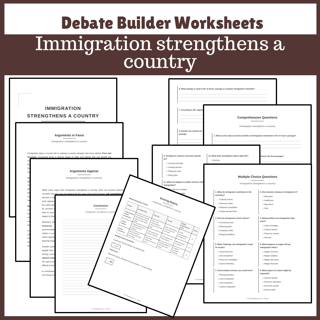 Immigration strengthens a country | Favour and Against Worksheet Printable Activity
