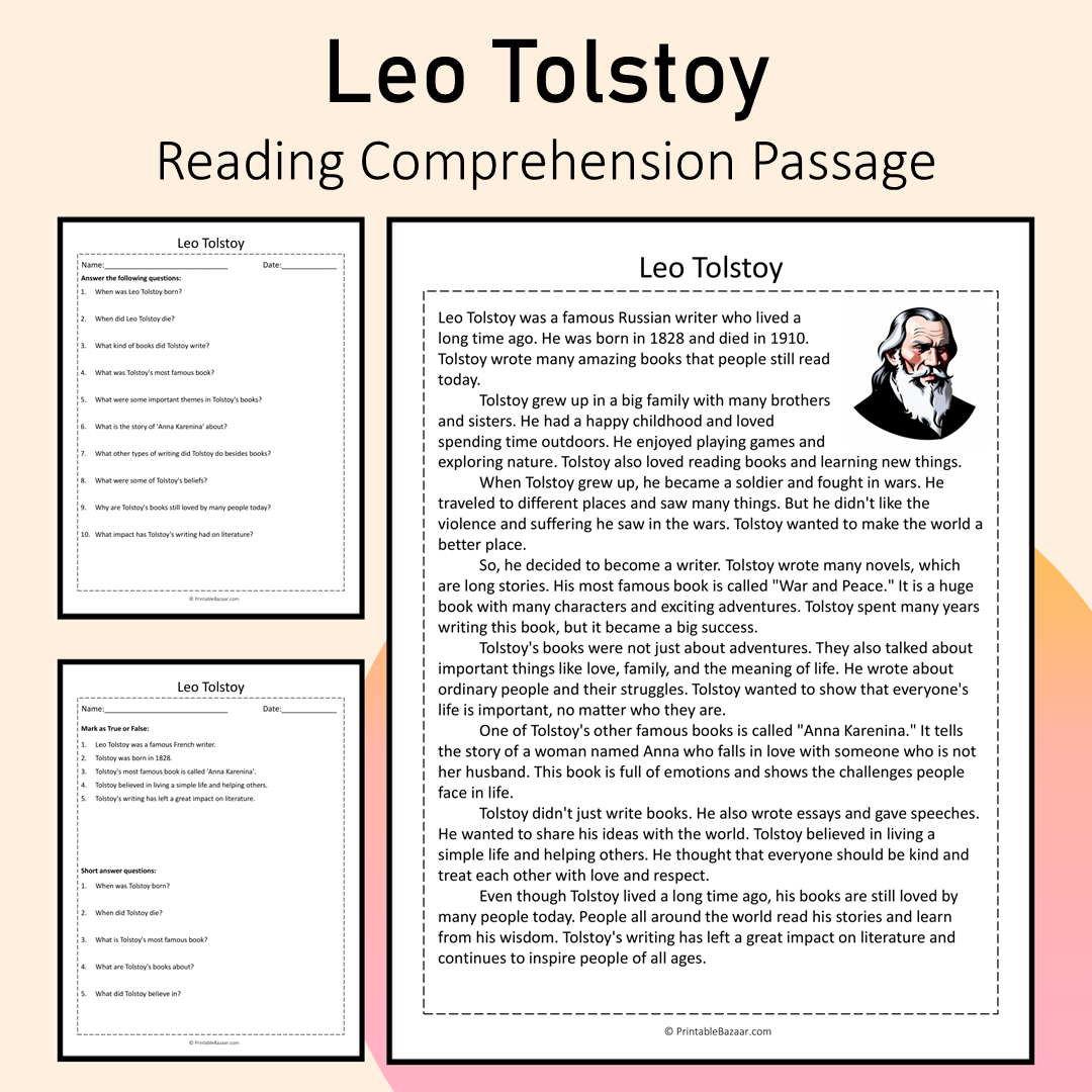 Leo Tolstoy | Reading Comprehension Passage Printable Activity