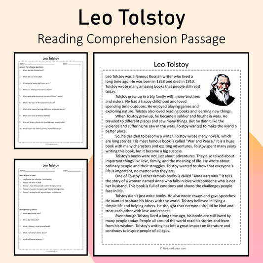 Leo Tolstoy | Reading Comprehension Passage Printable Activity