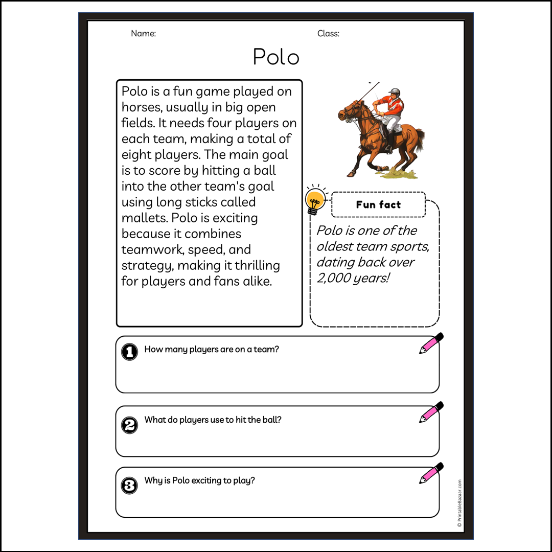 Polo | Reading Passage Comprehension Questions Writing Facts Worksheet