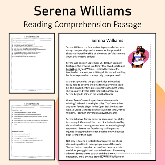 Serena Williams | Reading Comprehension Passage Printable Activity