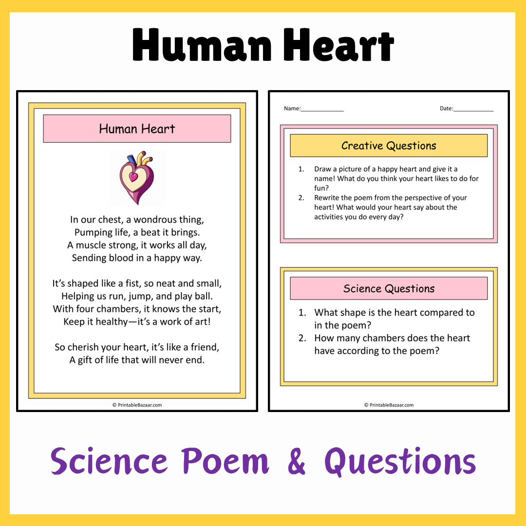 Human Heart | Science Poem Reading Comprehension Activity