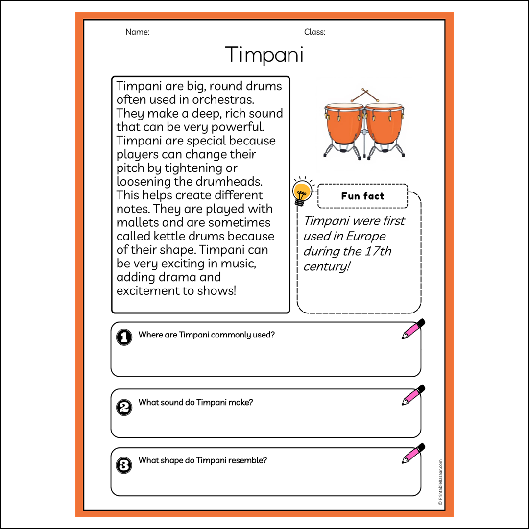 Timpani | Reading Passage Comprehension Questions Writing Facts Worksheet