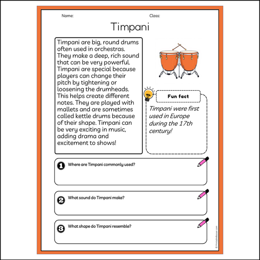 Timpani | Reading Passage Comprehension Questions Writing Facts Worksheet