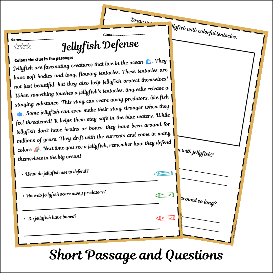 Jellyfish Defense | Short Reading Comprehension Creative Worksheet