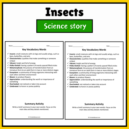 Insects | Science Story Reading Comprehension Activity
