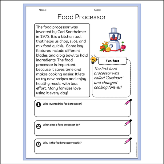 Food Processor | Reading Passage Comprehension Questions Writing Facts Worksheet