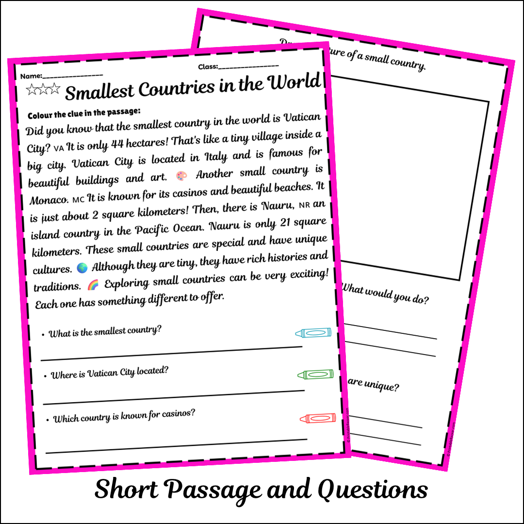 Smallest Countries in the World | Short Reading Comprehension Creative Worksheet