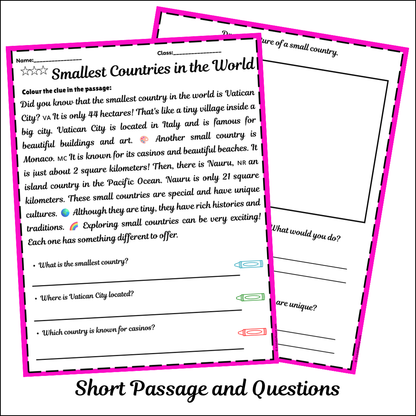 Smallest Countries in the World | Short Reading Comprehension Creative Worksheet