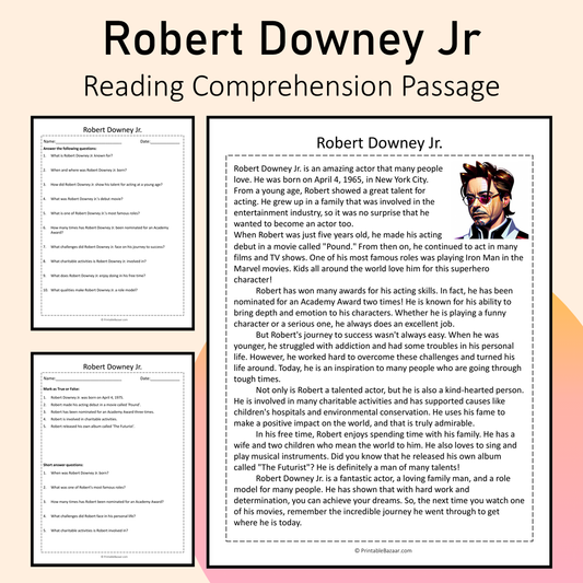 Robert Downey Jr | Reading Comprehension Passage Printable Activity