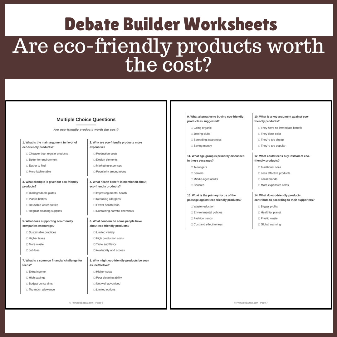 Are eco-friendly products worth the cost? | Favour and Against Worksheet Printable Activity