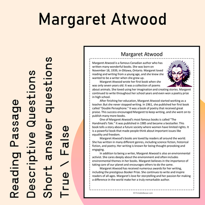 Margaret Atwood | Reading Comprehension Passage Printable Activity