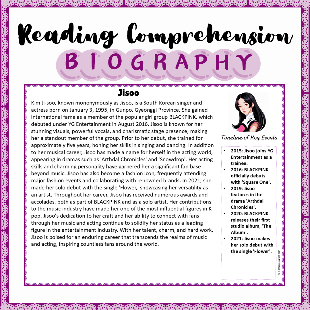 Jisoo | Biography Reading Comprehension and Questions Worksheet