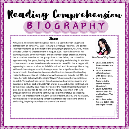 Jisoo | Biography Reading Comprehension and Questions Worksheet