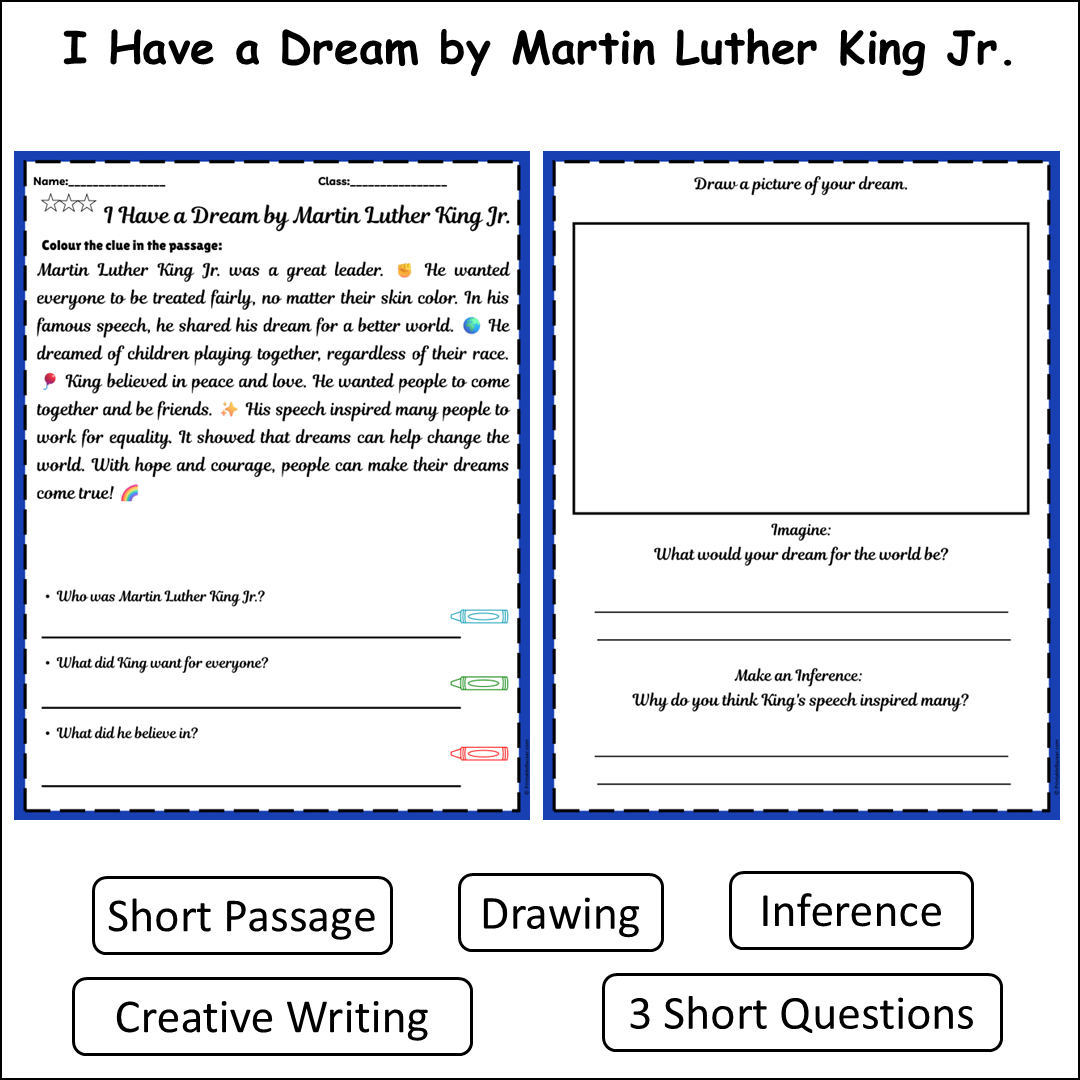 I Have a Dream by Martin Luther King Jr. | Short Reading Comprehension Creative Worksheet