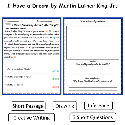 I Have a Dream by Martin Luther King Jr. | Short Reading Comprehension Creative Worksheet