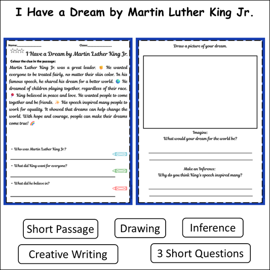 I Have a Dream by Martin Luther King Jr. | Short Reading Comprehension Creative Worksheet