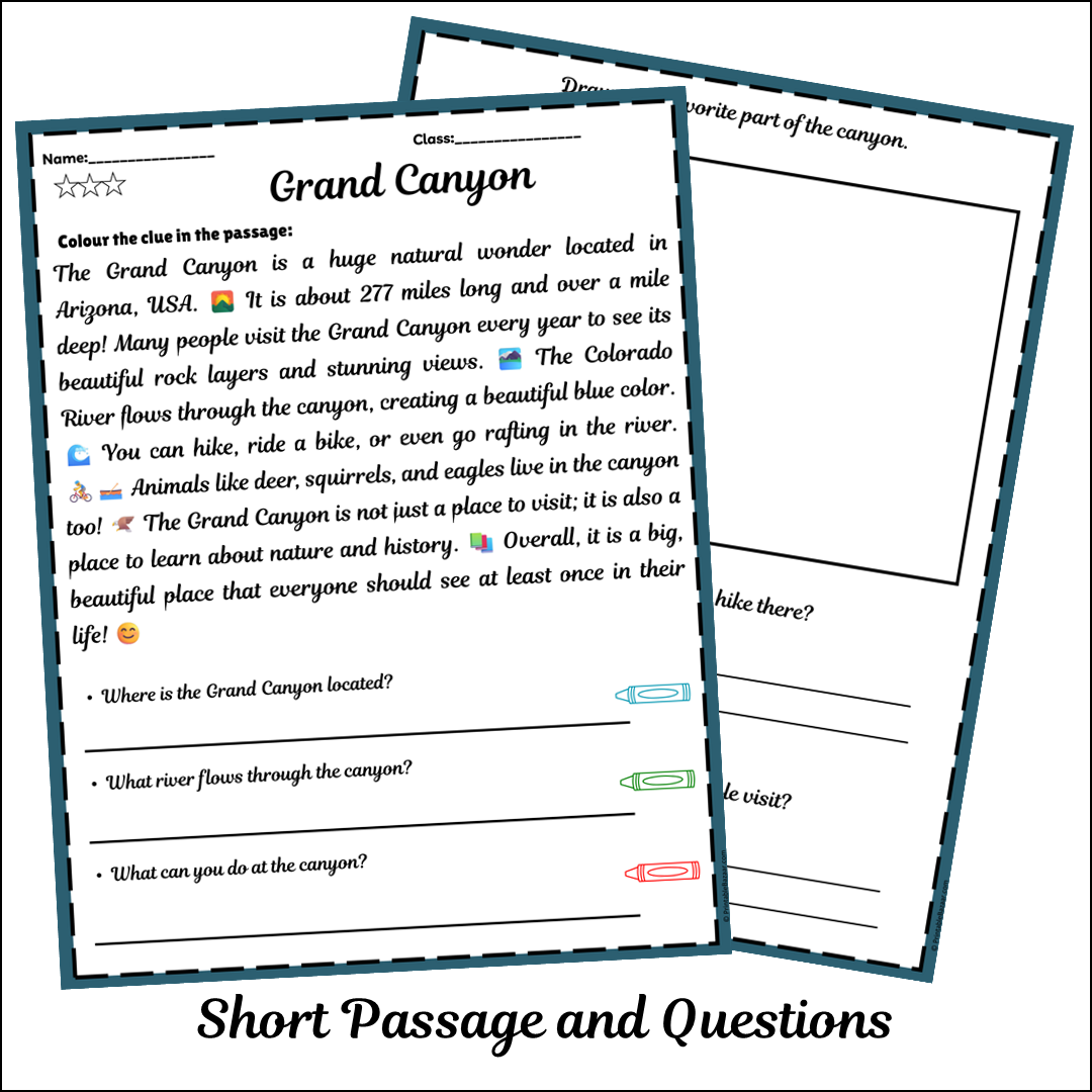 Grand Canyon | Short Reading Comprehension Creative Worksheet