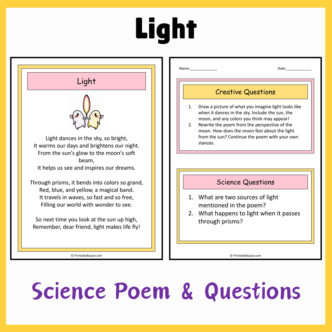 Light | Science Poem Reading Comprehension Activity