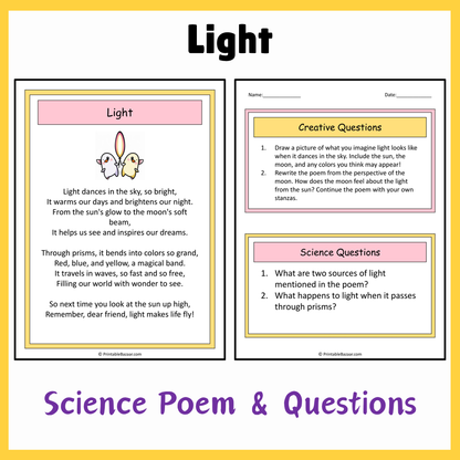 Light | Science Poem Reading Comprehension Activity