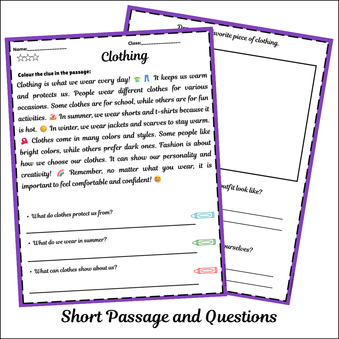 Clothing | Short Reading Comprehension Creative Worksheet