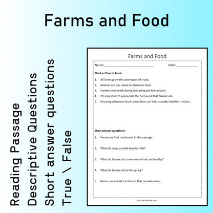 Farms and Food | Reading Comprehension Passage Printable Worksheet