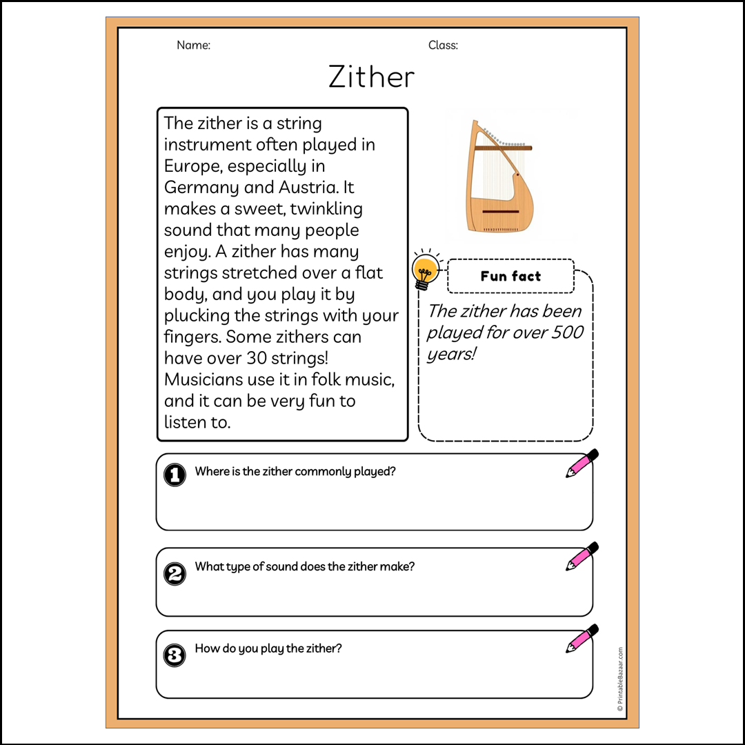 Zither | Reading Passage Comprehension Questions Writing Facts Worksheet