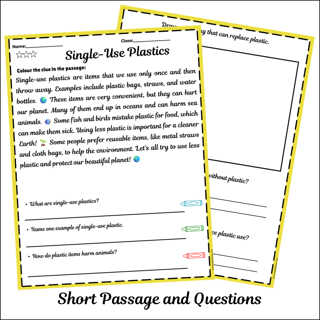 Single-Use Plastics | Short Reading Comprehension Creative Worksheet