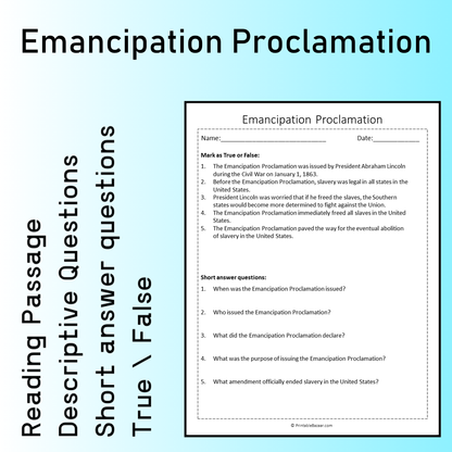 Emancipation Proclamation | Reading Comprehension Passage Printable Worksheet