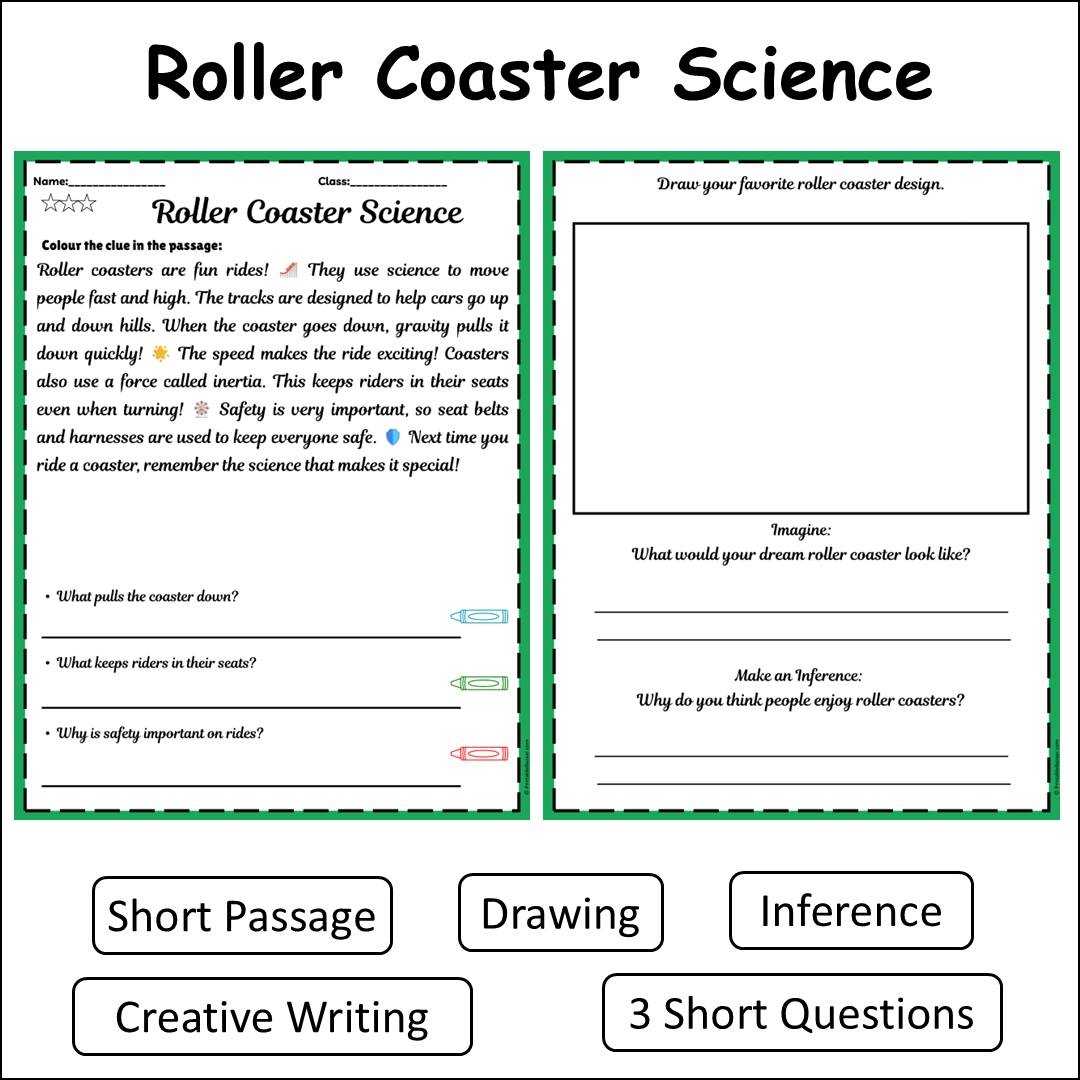 Roller Coaster Science | Short Reading Comprehension Creative Worksheet