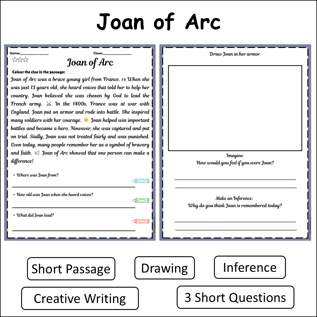 Joan of Arc | Short Reading Comprehension Creative Worksheet