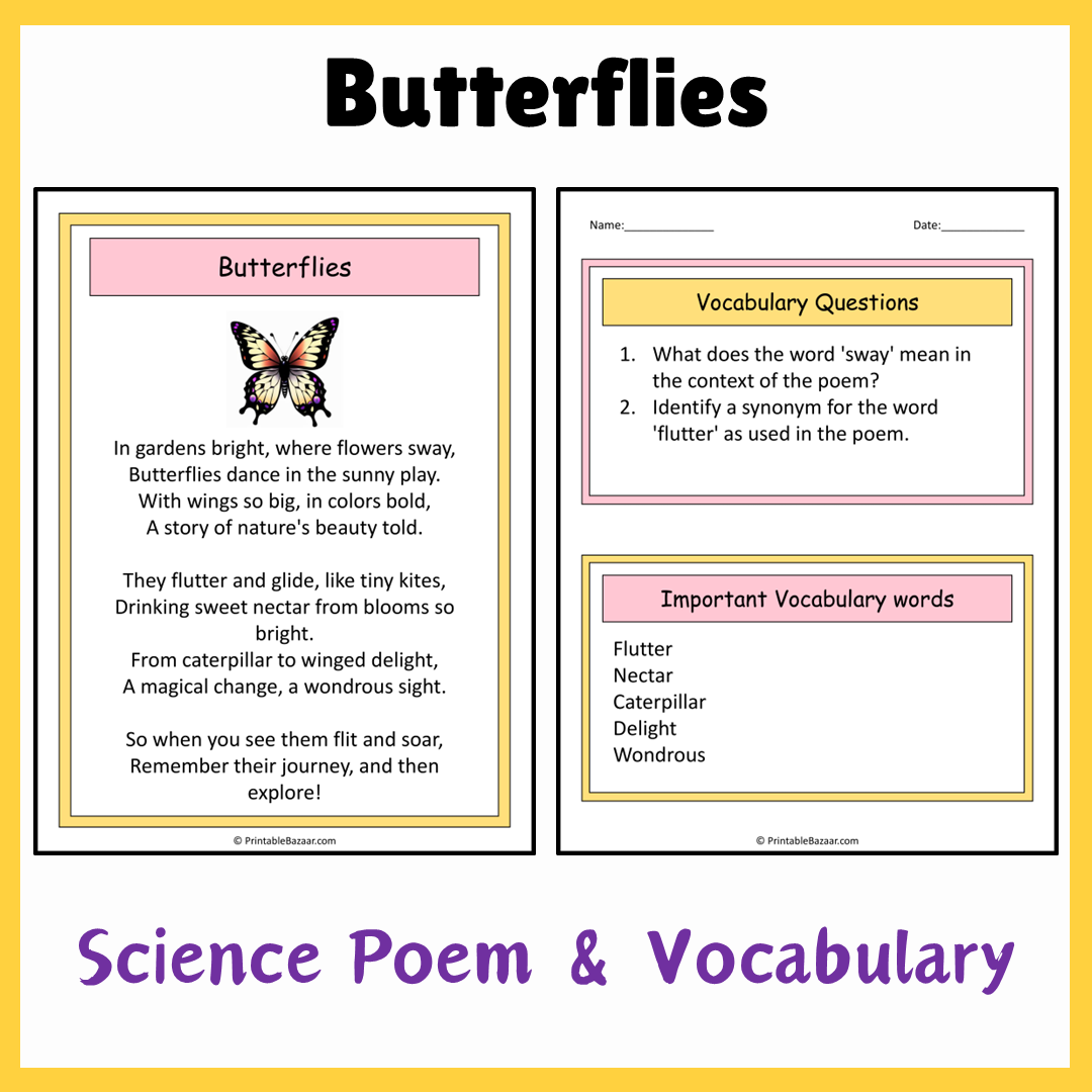 Butterflies | Science Poem Reading Comprehension Activity