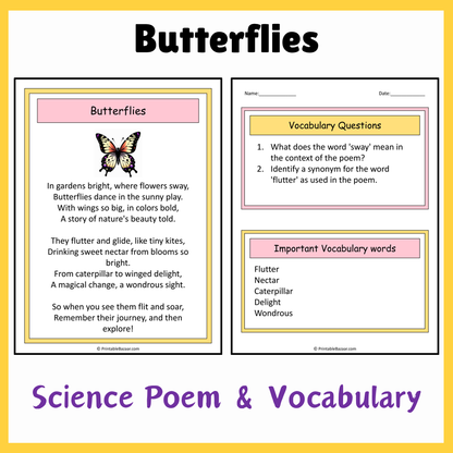 Butterflies | Science Poem Reading Comprehension Activity