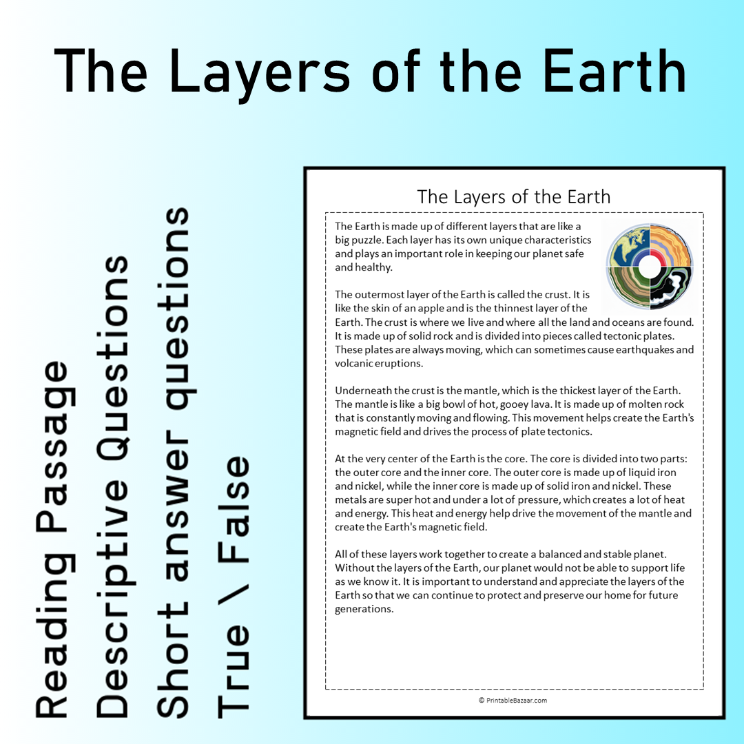 The Layers of the Earth | Reading Comprehension Passage Printable Worksheet