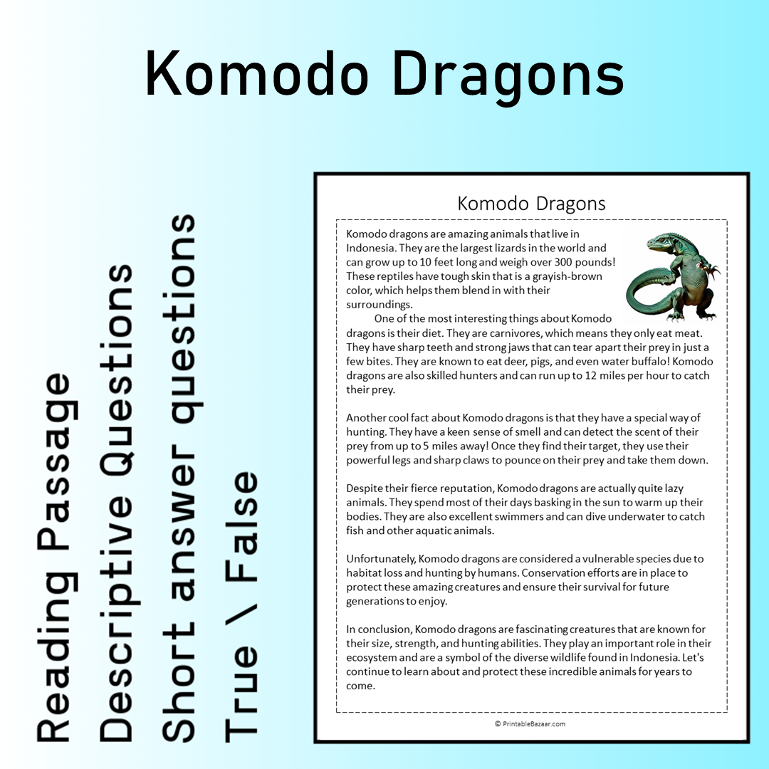 Komodo Dragons | Reading Comprehension Passage Printable Worksheet