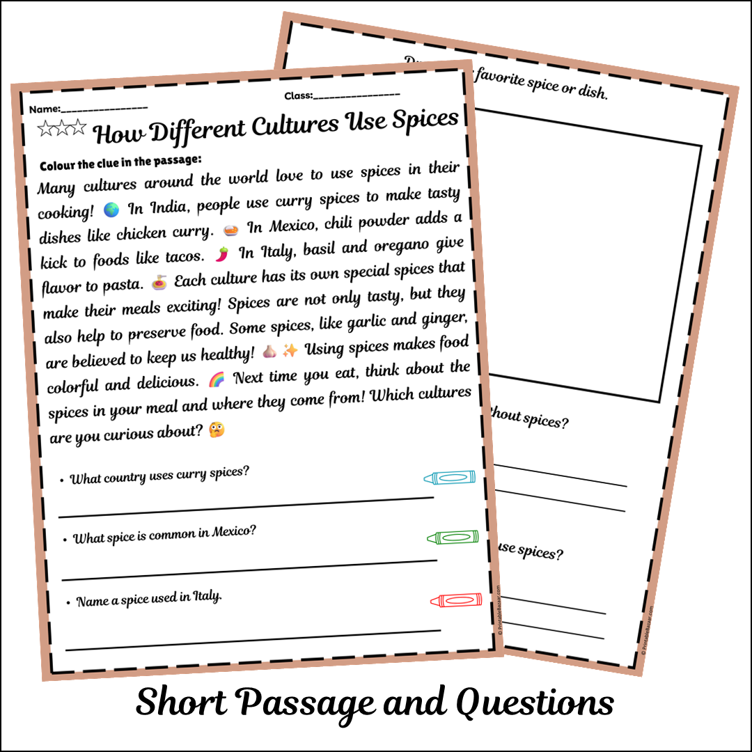 How Different Cultures Use Spices | Short Reading Comprehension Creative Worksheet