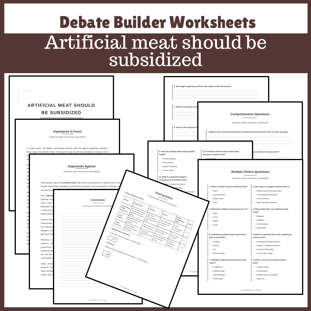 Artificial meat should be subsidized | Favour and Against Worksheet Printable Activity