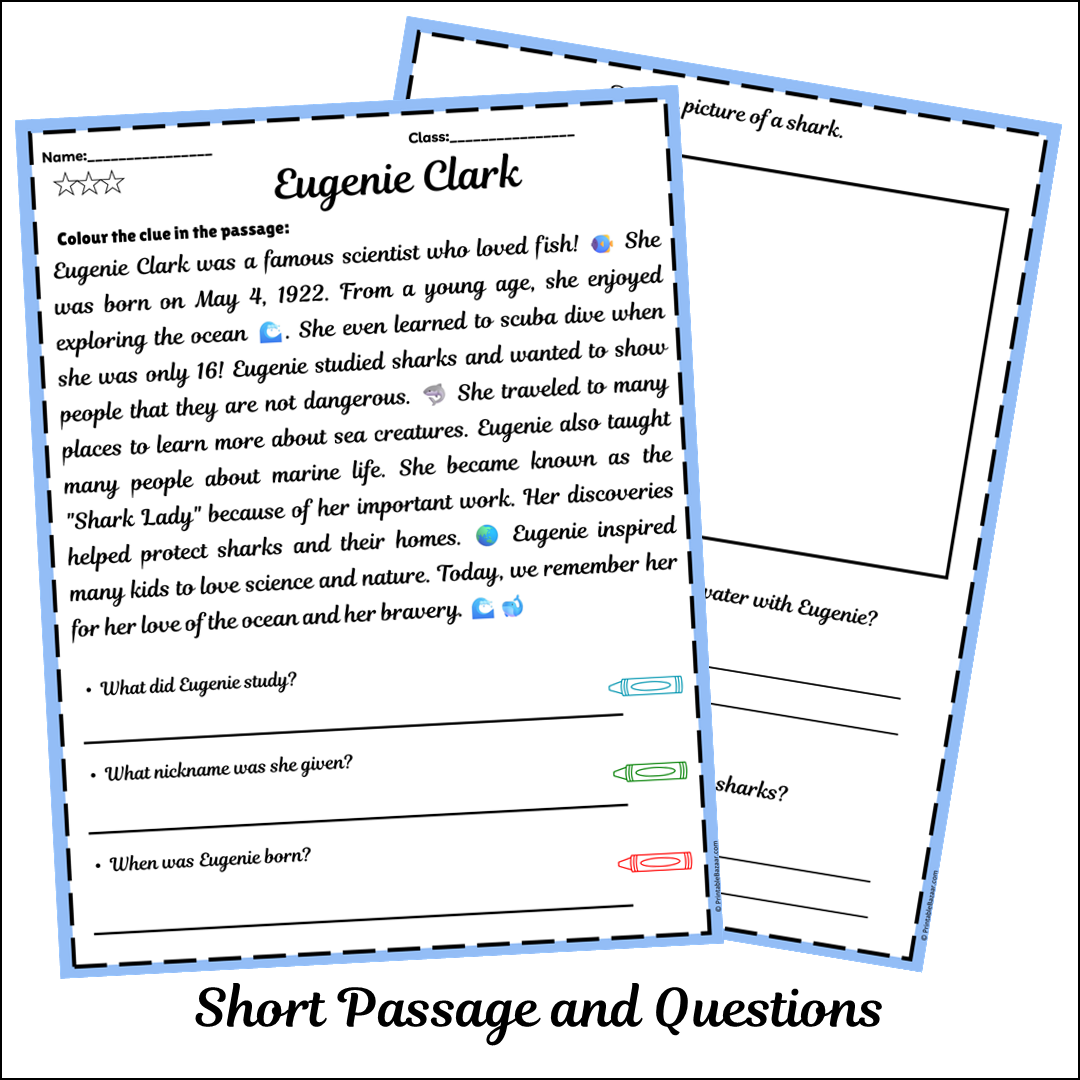 Eugenie Clark | Short Reading Comprehension Creative Worksheet