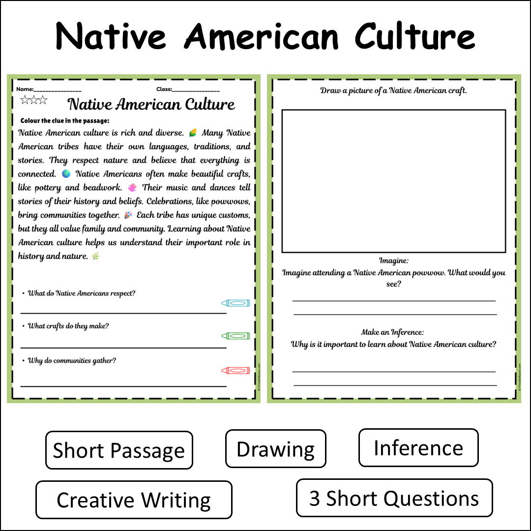 Native American Culture | Short Reading Comprehension Creative Worksheet